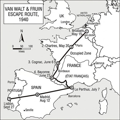 Map showing the escape route of Van Walt and Fruin in 1940, detailing locations in the UK, Netherlands, Belgium, France, Spain, and Portugal.