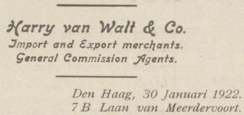 Textual representation of a letterhead for Harry van Walt & Co., featuring the company name, description as import and export merchants, and location details dated January 30, 1922, in Den Haag.